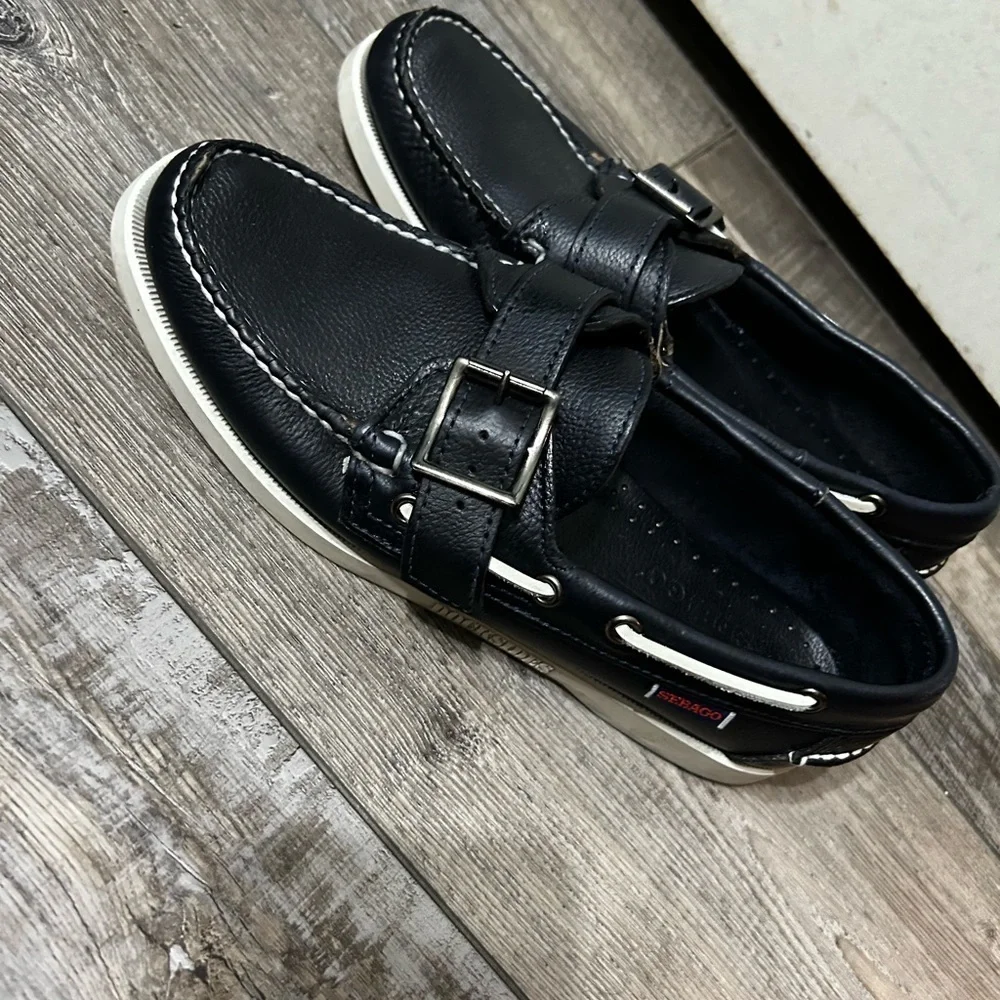 Ronnie Fieg x Sebago Leather docksiders Boat Shoes navy & grey Buckle